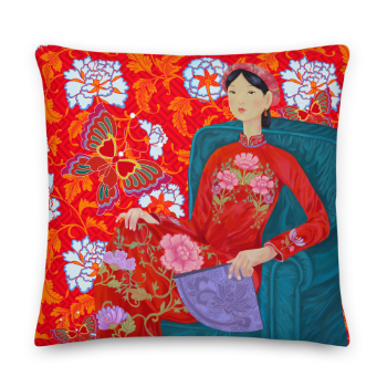 Printed Cushion Cover Asian Woman Halinhthu Casa With Fan In Red Ao Dai Art 45x45cm Custom Design And Size 100% Polyester 3