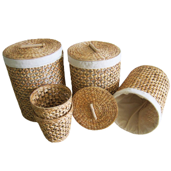 Good Quality Set Of 5 Round Hampers Includes 3 Hampers And 2 Baskets Floral Weaving Wooden Handles Lids Sustainable Removable 3