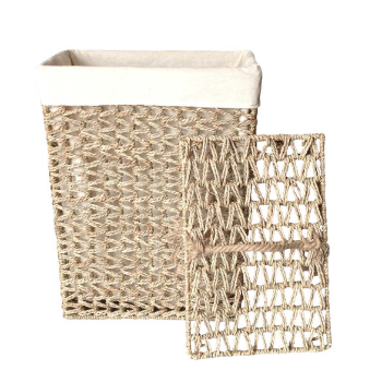 Fast Delivery Set Of Seagrass Hampers Zigzag Weaving And Covered With Removable Lids Cotton Fabric Lining Laundry Containers 5