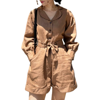 Blazer Shorts Women 100% Linen Elegant Long Sleeve Jumpsuit With Belt Factory Price Natural Vietnam Manufacturer High Quality 1