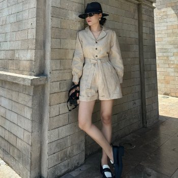 Blazer Shorts Women 100% Linen Elegant Long Sleeve Jumpsuit With Belt Factory Price Natural Vietnam Manufacturer High Quality 3