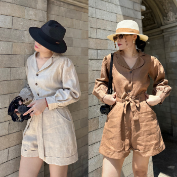 Blazer Shorts Women 100% Linen Elegant Long Sleeve Jumpsuit With Belt Factory Price Natural Vietnam Manufacturer High Quality 4