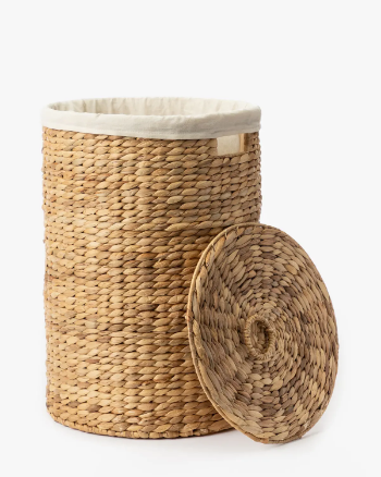 Cylindrical storage basket with lid, home organization accessory highly aesthetic, wholesale available.