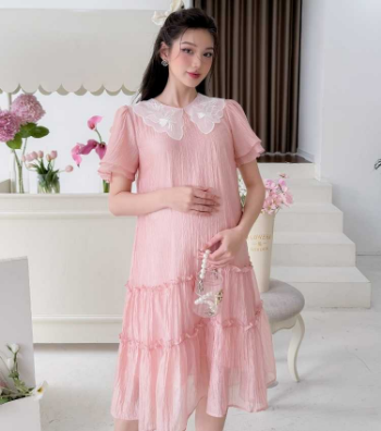 Designer Maternity Dress Pink Lace Collar Silk V1007 Top Sale  Anti-Shrink Minimalist High Elasticity Good Absorbency 3