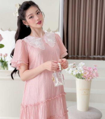 Designer Maternity Dress Pink Lace Collar Silk V1007 Top Sale  Anti-Shrink Minimalist High Elasticity Good Absorbency 4