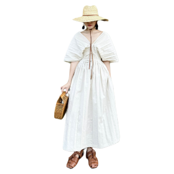 Dress For Women New Styles Good Price 100% Linen Pleated Maxi Linen Dress V-Neck Dress For Ladies From Vietnam Manufacturer