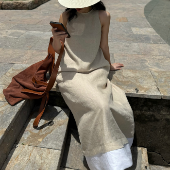 Dress Woman Wholesale Button Sleeveless Maxi Dresses 100% Linen Summer Collarless Women Maxi Linen Long Loose Dress From Vietnam 5