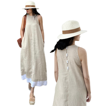 Dress Woman Wholesale Button Sleeveless Maxi Dresses 100% Linen Summer Collarless Women Maxi Linen Long Loose Dress From Vietnam 1