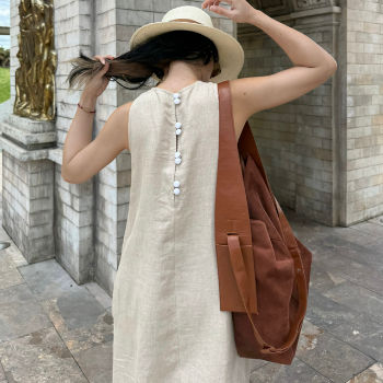 Dress Woman Wholesale Button Sleeveless Maxi Dresses 100% Linen Summer Collarless Women Maxi Linen Long Loose Dress From Vietnam 3