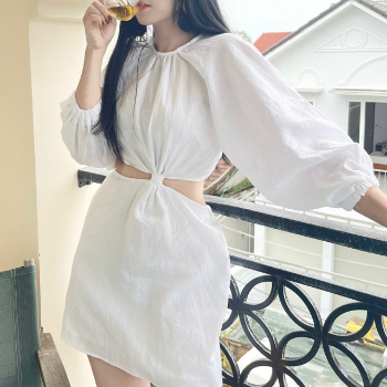 Dress Woman Wholesale Good Price Casual Women's Linen Back Button Cut Out Dress Sexy Dress For Women High Quality From Vietnam 2