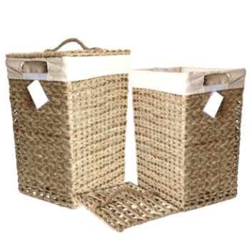 Fast Delivery Set Of Seagrass Hampers Zigzag Weaving And Covered With Removable Lids Cotton Fabric Lining Laundry Containers 1