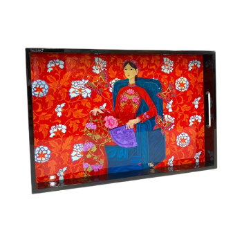 Lacquer Tray Asian Woman With Fan In Red Ao Dai Art 45x30cm High Glossy Finish Halinhthu Casa From Vietnam Manufacturer 5