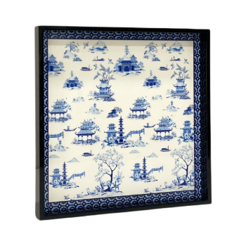 Lacquer Tray Customized Chinoiserie Blue Pagodas Asian Zen 25.5x25.5cm Art Halinhthu Casa From Vietnam Manufacturer 1