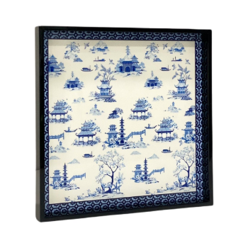 Lacquer Tray Customized Chinoiserie Blue Pagodas Asian Zen 25.5x25.5cm Art Halinhthu Casa From Vietnam Manufacturer
