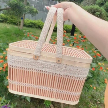 Environmentally Bamboo Handmade Picnic Basket wicker handwoven Bamboo Storage Basket With Lid Organizing Folding Picnic Basket 2