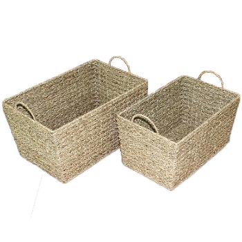 Fast Delivery Seagrass Baskets Set Of 2 Two Handles And Movable Fabric Lining Natural Seagrass Seagrass Iron Frame Cotton 5