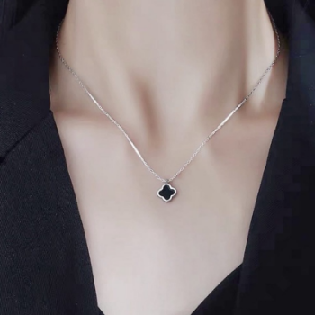 Fashion 925 Sterling Silver Black 4 Leaf Clover CZ Stone Pendant Link Chain Woman Necklaces Best Price Direct From Factory 6