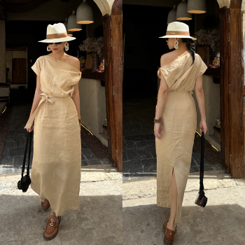 Fast Delivery Dress For Women Wholesale OEM ODM Good Price Off Shoulder Midi Dress Women 100% Linen Fashionable From Vietnam 6