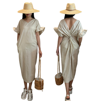 Fast Delivery Natural Midi Linen Dress With Knots And Ruffles Sleeves Elegant Dresses For Women Reasonable Price From Vietnam 9