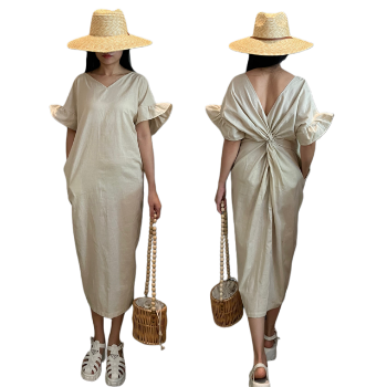 Fast Delivery Natural Midi Linen Dress With Knots And Ruffles Sleeves Elegant Dresses For Women Reasonable Price From Vietnam 1