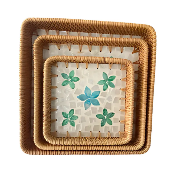 Handwoven Rattan Tray Mosaic Design Decorative Tray Furniture Wholesale Bamboo Serving Tray Set OEM ODM Made In Vietnam