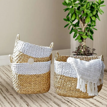 Handwoven Water Hyacinth Storage Basket with White Trim Eco-Friendly Stylish and Sturdy Ideal for Storing Linens Clothing