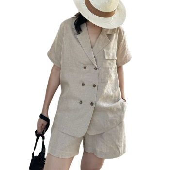 High Quality 100% Linen Fashion Set For Women Casual 2 Pieces Blazer And Short Pants Linen Washable Made In Vietnam Manufacturer 1