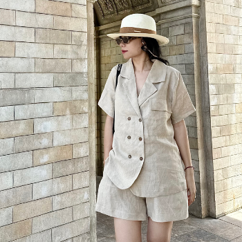 High Quality 100% Linen Fashion Set For Women Casual 2 Pieces Blazer And Short Pants Linen Washable Made In Vietnam Manufacturer 2