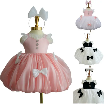 High Quality Fast Delivery Vietnam-Made Short Satin Princess Dress with Bow Pumpkin Design Fashionable OEM ODM Girls Party Dress