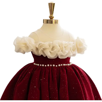 High Quality Winter Velvet Princess Dress for Baby Girls OEM ODM Made Vietnam 12 Years Ruffled Half Sleeve Shoulder Nhung Nguyen