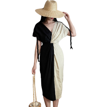 Knot Midi Linen Dress For Lady Color Block Casual Wholesale Dresses Women Fast Delivery Natural From Vietnam Manufacturer 1