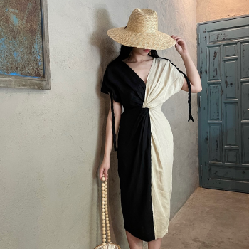 Knot Midi Linen Dress For Lady Color Block Casual Wholesale Dresses Women Fast Delivery Natural From Vietnam Manufacturer 6