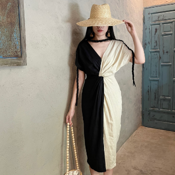 Knot Midi Linen Dress For Lady Color Block Casual Wholesale Dresses Women Fast Delivery Natural From Vietnam Manufacturer 4