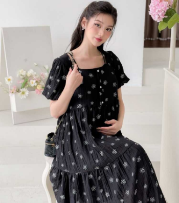 Maternity Dress Black Floral V1030 Good Price  Breathable Sweat-Absorbent Casual Wear Good Absorbency Custom Design  Bulk 6