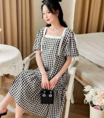 Maternity Dress Black Square Neck Plaid V1062 Good Choice Anti-Shrink Sweat-Absorbent Casual Wear Good Absorbency Custom Design 3