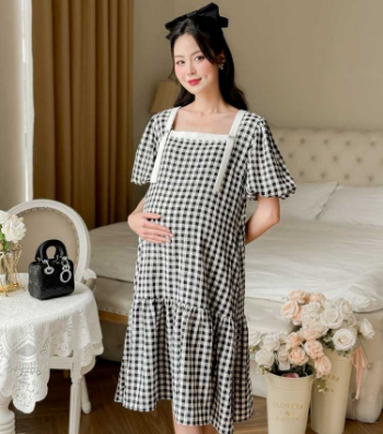 Maternity Dress Black Square Neck Plaid V1062 Good Choice Anti-Shrink Sweat-Absorbent Casual Wear Good Absorbency Custom Design 6