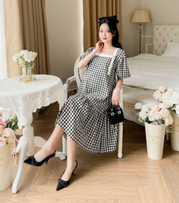 Maternity Dress Black Square Neck Plaid V1062 Good Choice Anti-Shrink Sweat-Absorbent Casual Wear Good Absorbency Custom Design 7