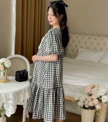 Maternity Dress Black Square Neck Plaid V1062 Good Choice Anti-Shrink Sweat-Absorbent Casual Wear Good Absorbency Custom Design 4