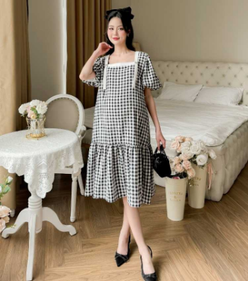 Maternity Dress Black Square Neck Plaid V1062 Good Choice Anti-Shrink Sweat-Absorbent Casual Wear Good Absorbency Custom Design 5