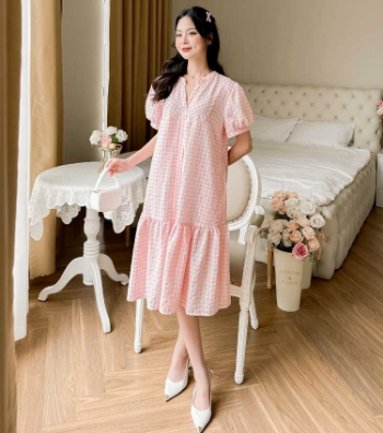 Maternity Dress Pink Train Neck Plaid V1063 Good Price  Breathable Minimalist High Elasticity Not Discolored Custom Design 6