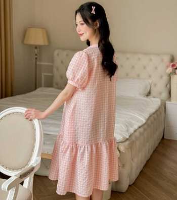 Maternity Dress Pink Train Neck Plaid V1063 Good Price  Breathable Minimalist High Elasticity Not Discolored Custom Design 3