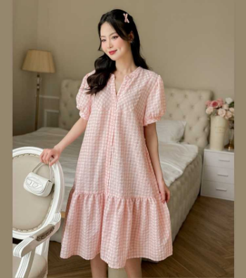 Maternity Dress Pink Train Neck Plaid V1063 Good Price  Breathable Minimalist High Elasticity Not Discolored Custom Design 4