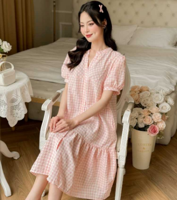 Maternity Dress Pink Train Neck Plaid V1063 Good Price  Breathable Minimalist High Elasticity Not Discolored Custom Design 7