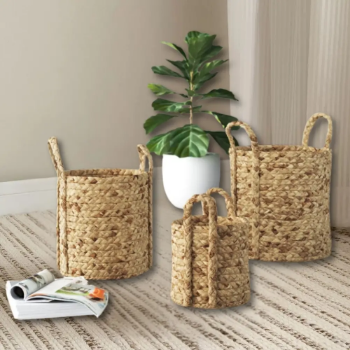Natural Handwoven Water Hyacinth Clothes Basket Handmade Durable Coastal Design Natural Texture Convenient Handles Stylish Decor