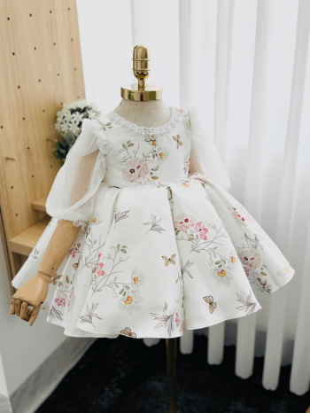 ODM/OEM supported party dress for girls vintage style with puff sleeve and floral pattern 2024's unique design 3