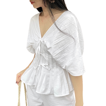 OEM Wholesale Women Shirts 2024 Good Price Casual Peplum Top For Ladies V-neck Cotton Linen Fast Delivery Natural From Vietnam 1