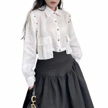 Pants For Women Women Chic Cropped Linen Shirts Long Sleeve Tops Pockets With Detachable Sleeves Fashion Blouses Factory Price 8