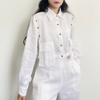 Pants For Women Women Chic Cropped Linen Shirts Long Sleeve Tops Pockets With Detachable Sleeves Fashion Blouses Factory Price 3