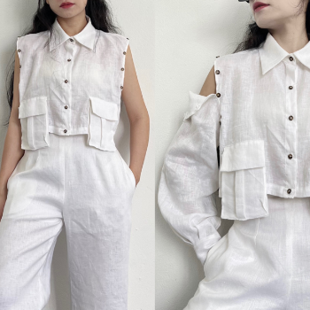 Pants For Women Women Chic Cropped Linen Shirts Long Sleeve Tops Pockets With Detachable Sleeves Fashion Blouses Factory Price 4