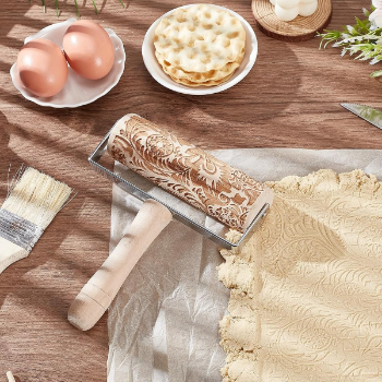 Patterned wooden rolling pin made from natural, eco-friendly material crafted durable exquisite material